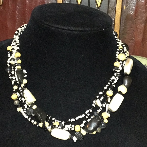 Black White Seed Beaded and Carved Beads Bohemian Necklace 18”L Adj Handmade EVC - Picture 10 of 10